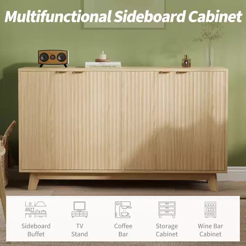 Credenza moderna in legno scanalato con 4 ante, ripiani regolabili, mobile contenitore versatile per soggiorno, sala da pranzo, ingresso