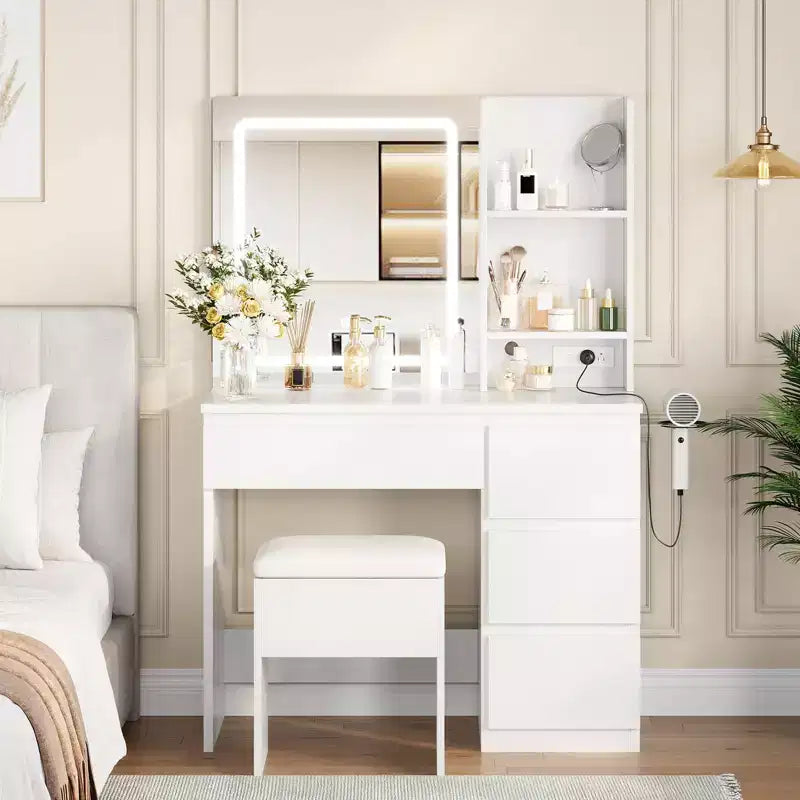 Tocador per il trucco con specchio illuminato, 4 cassetti, presa di corrente, sgabello con vano portaoggetti, ripiani portaoggetti, specchio con 3 colori di illuminazione regolabili, bianco