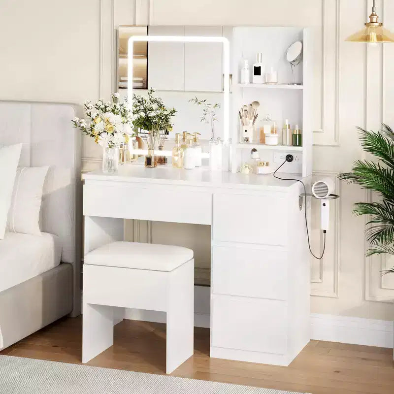 Tocador per il trucco con specchio illuminato, 4 cassetti, presa di corrente, sgabello con vano portaoggetti, ripiani portaoggetti, specchio con 3 colori di illuminazione regolabili, bianco