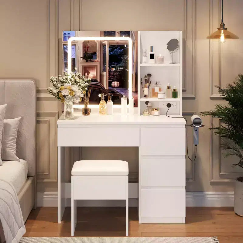 Tocador per il trucco con specchio illuminato, 4 cassetti, presa di corrente, sgabello con vano portaoggetti, ripiani portaoggetti, specchio con 3 colori di illuminazione regolabili, bianco