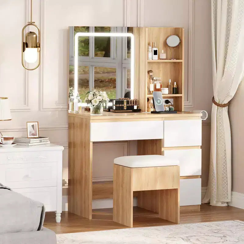 Tocador per il trucco con specchio illuminato, 4 cassetti, presa di corrente, sgabello con vano portaoggetti, ripiani portaoggetti, specchio con 3 colori di illuminazione regolabili, bianco