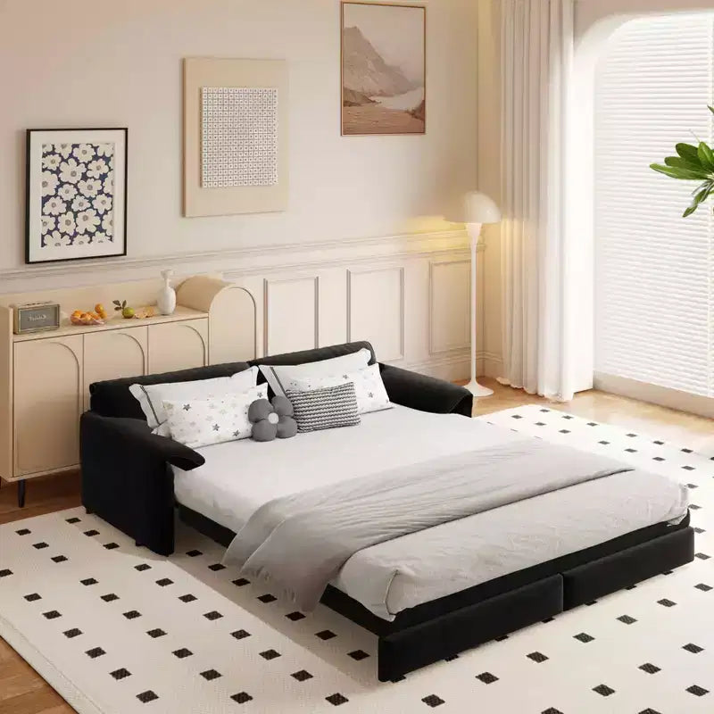 MAYEERTY 66 Queen Divano Letto Estraibile 3-in-1 Divano Letto Convertibile con Contenitore Laterale per Soggiorno Nero