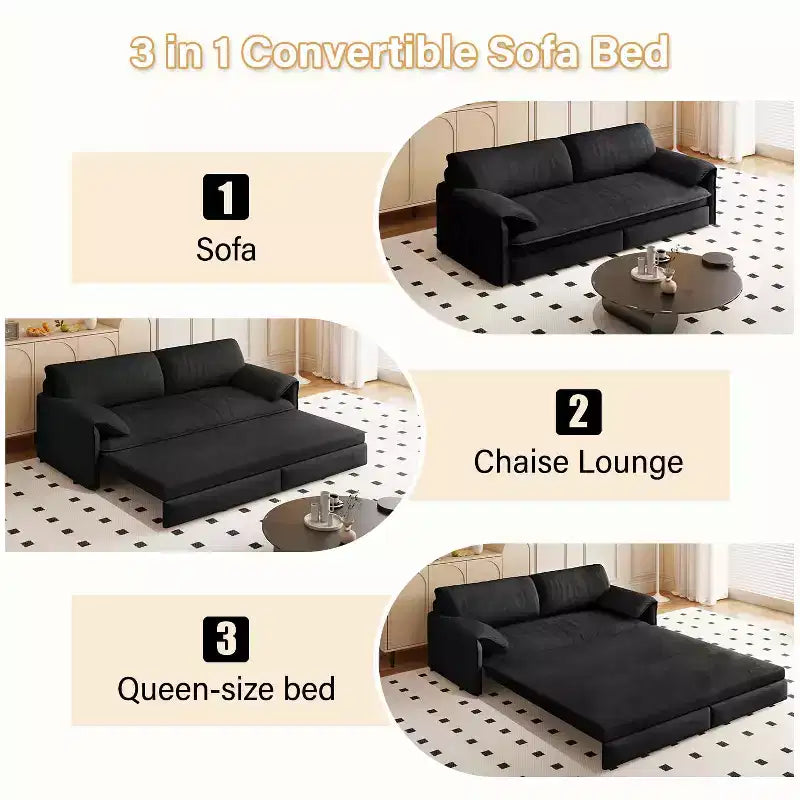 MAYEERTY 66 Queen Divano Letto Estraibile 3-in-1 Divano Letto Convertibile con Contenitore Laterale per Soggiorno Nero