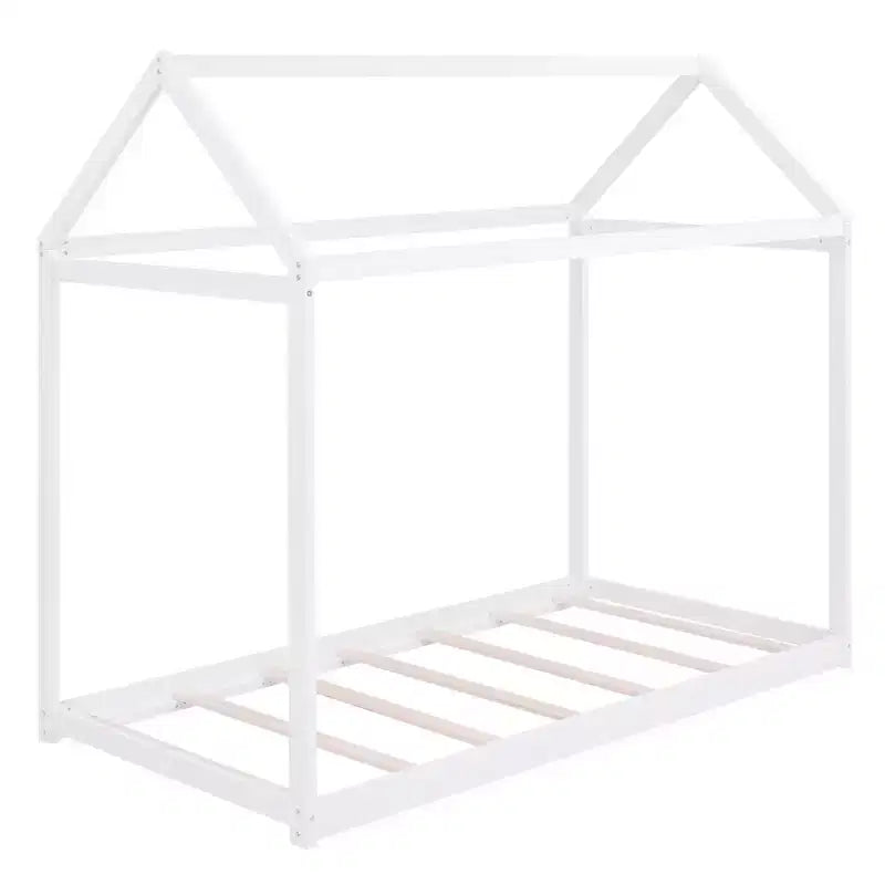 Letto a pavimento in legno a forma di casetta, misura singola, con tetto - Facile da montare, nessuna rete a molle necessaria per bambini