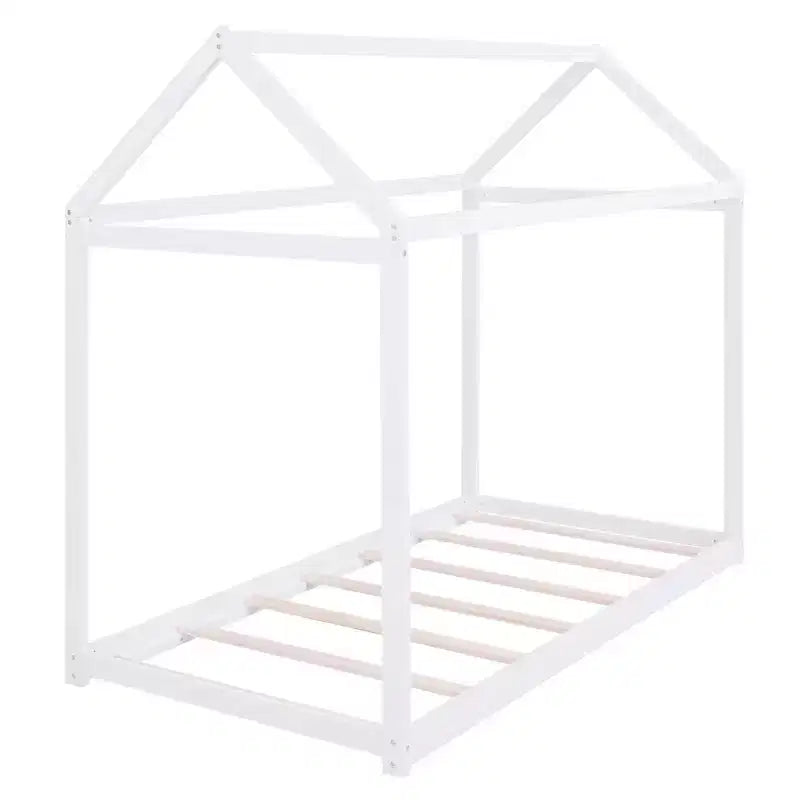Letto a pavimento in legno a forma di casetta, misura singola, con tetto - Facile da montare, nessuna rete a molle necessaria per bambini