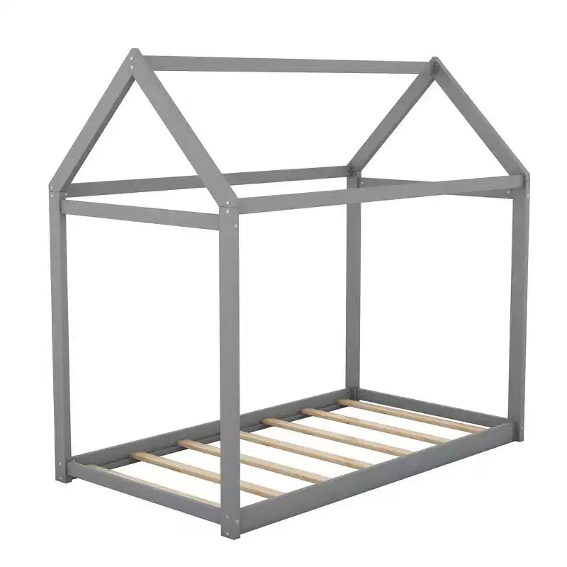 Letto a pavimento in legno a forma di casetta, misura singola, con tetto - Facile da montare, nessuna rete a molle necessaria per bambini