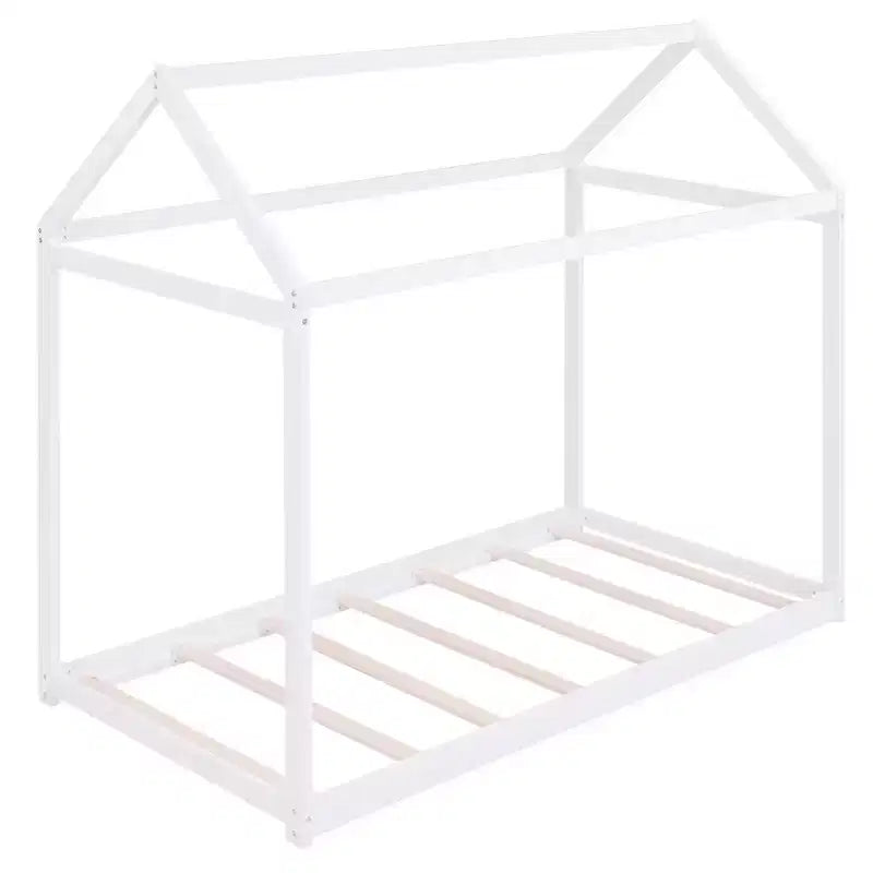 Letto a pavimento in legno a forma di casetta, misura singola, con tetto - Facile da montare, nessuna rete a molle necessaria per bambini