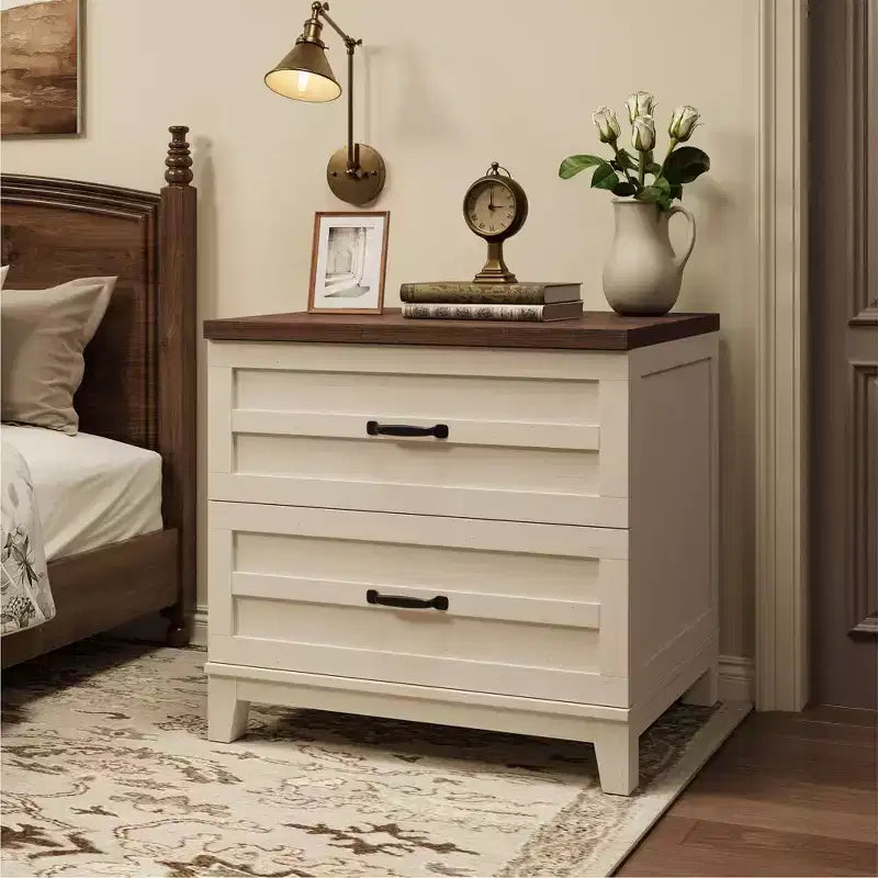 Mobile archivio a 2 cassetti in stile rustico, armadietto laterale in legno con cassetti a estrazione totale, organizer multiuso per camera da letto/ufficio/cucina