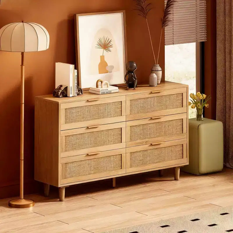Cassettiera portagioie in Rattan Naturale con 6 Cassetti, Comò Indipendente per Camera da Letto e Soggiorno, Truciolato, 51,18