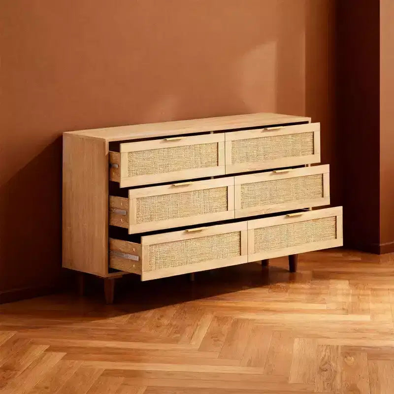Cassettiera portagioie in Rattan Naturale con 6 Cassetti, Comò Indipendente per Camera da Letto e Soggiorno, Truciolato, 51,18