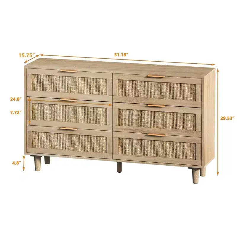 Cassettiera portagioie in Rattan Naturale con 6 Cassetti, Comò Indipendente per Camera da Letto e Soggiorno, Truciolato, 51,18