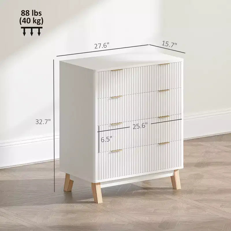 Comò a 4 cassetti per camera da letto, cassettiera scanalata con maniglie dorate e 4 gambe in legno