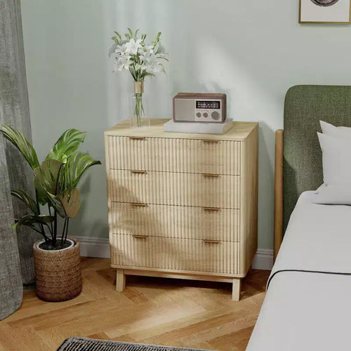 Comò a 4 cassetti per camera da letto, cassettiera scanalata con maniglie dorate e 4 gambe in legno