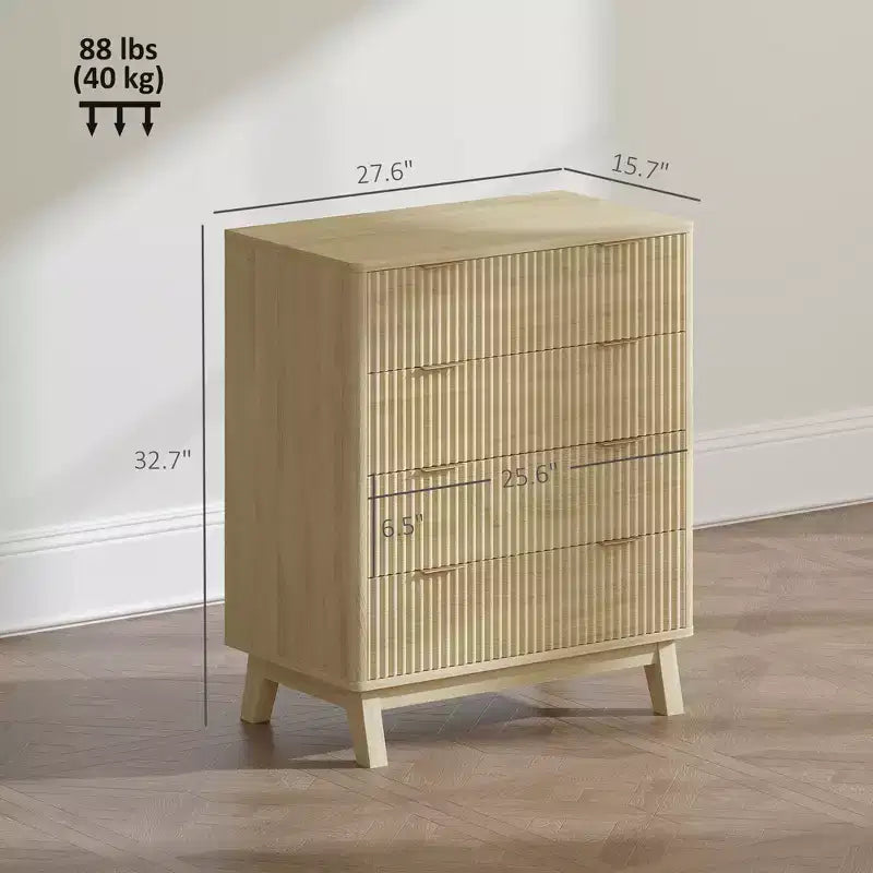 Comò a 4 cassetti per camera da letto, cassettiera scanalata con maniglie dorate e 4 gambe in legno