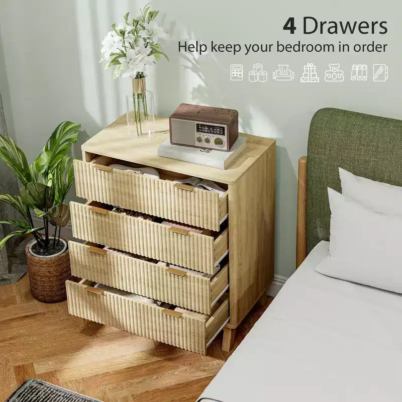 Comò a 4 cassetti per camera da letto, cassettiera scanalata con maniglie dorate e 4 gambe in legno