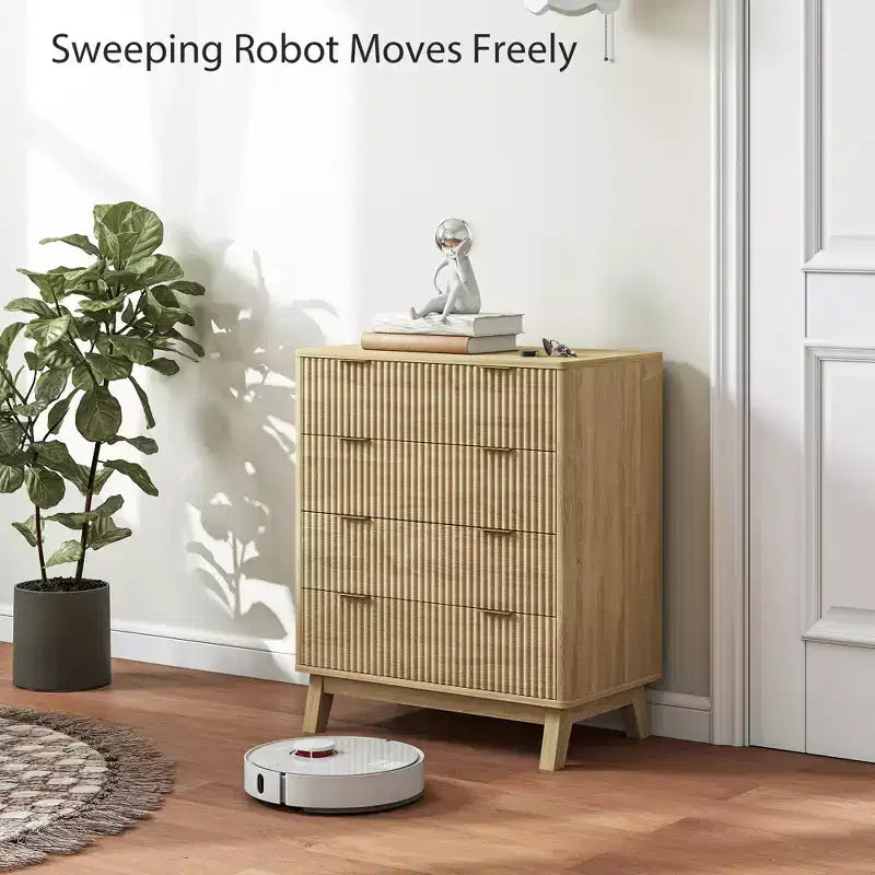 Comò a 4 cassetti per camera da letto, cassettiera scanalata con maniglie dorate e 4 gambe in legno
