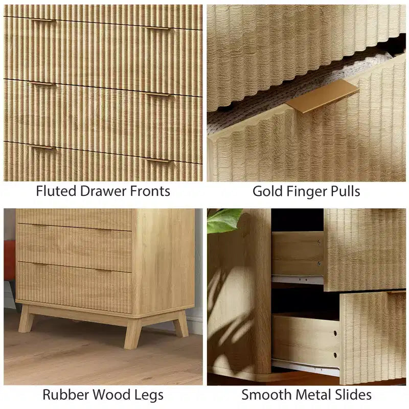 Comò a 4 cassetti per camera da letto, cassettiera scanalata con maniglie dorate e 4 gambe in legno