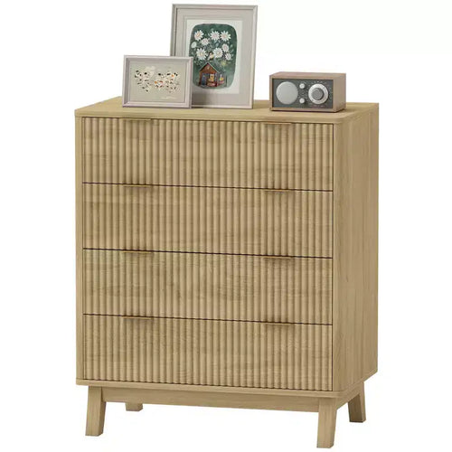 4 Drawer Double Dresser for Bedroom, Fluted Chest of Drawers with Gold Finger Pulls and 4 Wood Legs