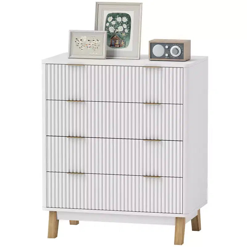 Comò a 4 cassetti per camera da letto, cassettiera scanalata con maniglie dorate e 4 gambe in legno