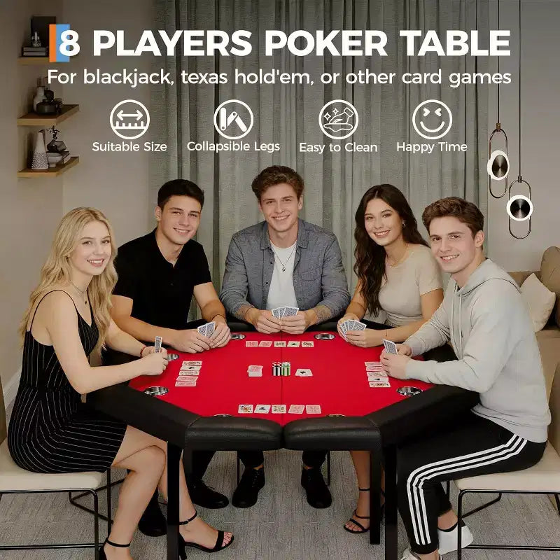 Tavolo da poker ottagonale da 48", pieghevole per 8 giocatori con portabicchieri, braccioli imbottiti, piano rosso