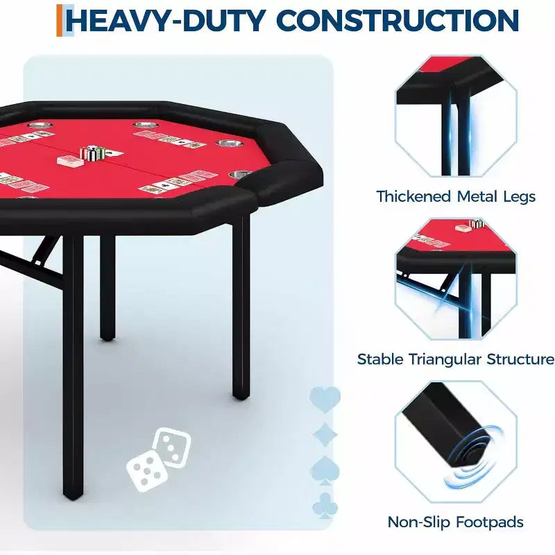 Tavolo da poker ottagonale da 48", pieghevole per 8 giocatori con portabicchieri, braccioli imbottiti, piano rosso