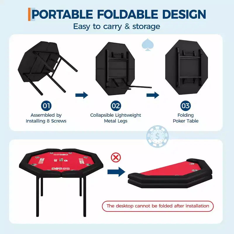 Tavolo da poker ottagonale da 48", pieghevole per 8 giocatori con portabicchieri, braccioli imbottiti, piano rosso