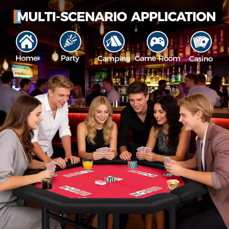 Tavolo da poker ottagonale da 48", pieghevole per 8 giocatori con portabicchieri, braccioli imbottiti, piano rosso