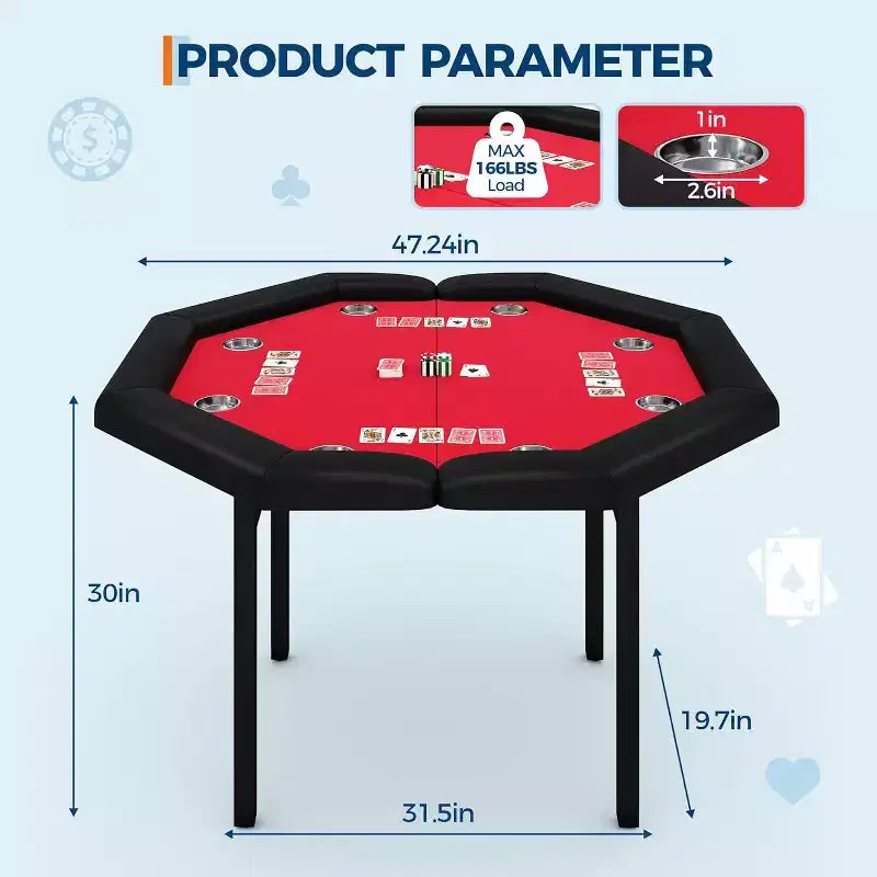 Tavolo da poker ottagonale da 48", pieghevole per 8 giocatori con portabicchieri, braccioli imbottiti, piano rosso