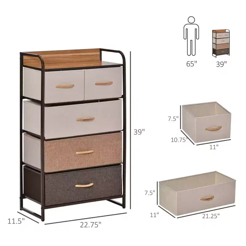 Cassettiera a 5 cassetti in tessuto, Organizer portaoggetti a 4 ripiani con struttura in acciaio per corridoio, camera da letto e armadio