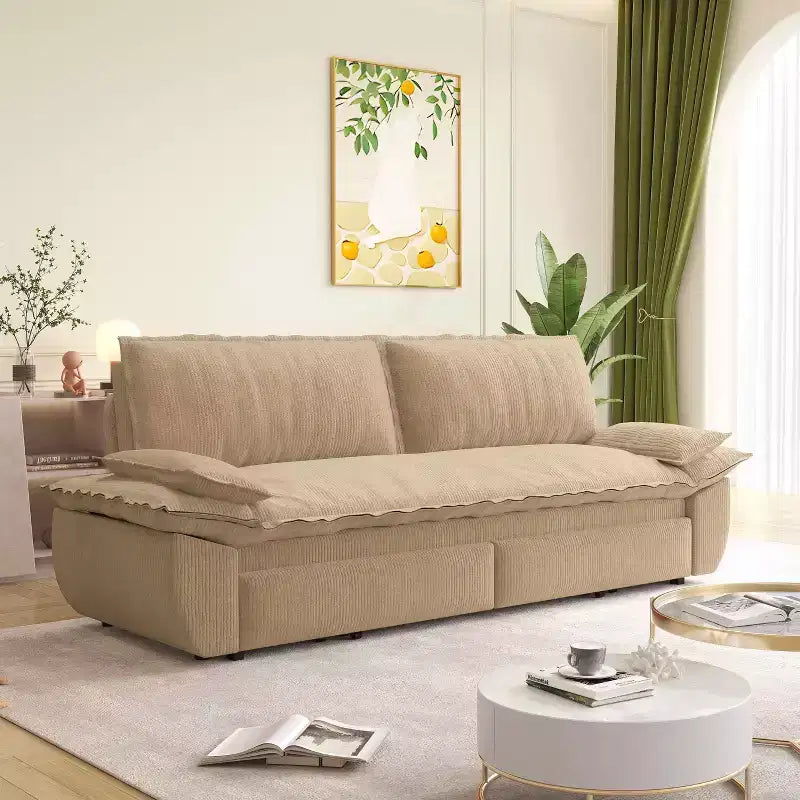 Divano letto estraibile Queen MAYEERTY 73.2, Divano letto convertibile 3-in-1, Divanetto letto multifunzionale in velluto color cammello