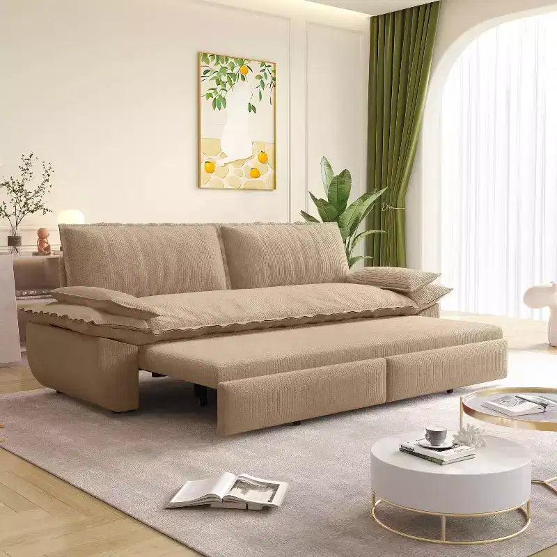 Divano letto estraibile Queen MAYEERTY 73.2, Divano letto convertibile 3-in-1, Divanetto letto multifunzionale in velluto color cammello