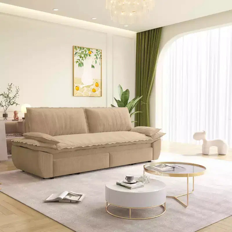 Divano letto estraibile Queen MAYEERTY 73.2, Divano letto convertibile 3-in-1, Divanetto letto multifunzionale in velluto color cammello