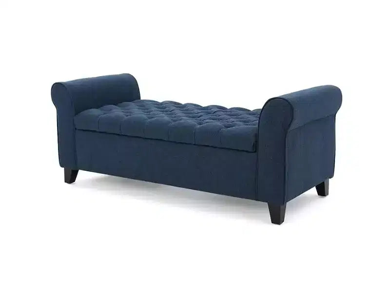Panca portaoggetti moderna Okak con sedile imbottito e braccioli, pouf portaoggetti con gambe in legno, panca da fondo letto per soggiorno, camera da letto