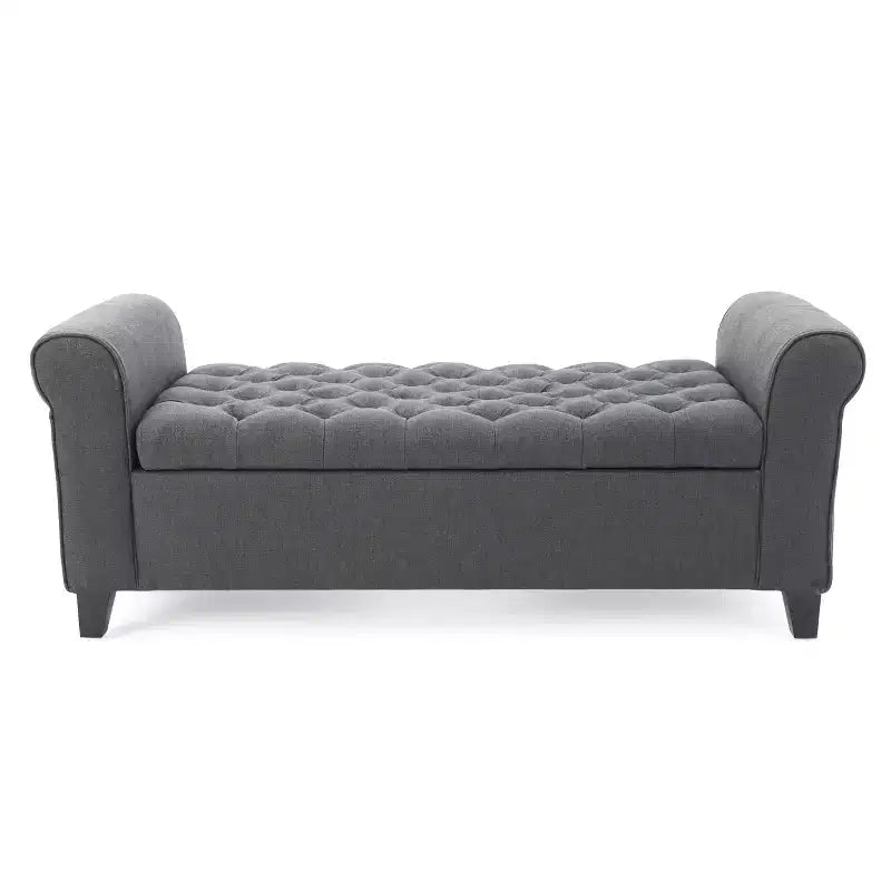 Panca portaoggetti moderna Okak con sedile imbottito e braccioli, pouf portaoggetti con gambe in legno, panca da fondo letto per soggiorno, camera da letto