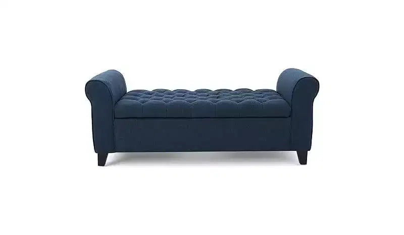 Panca portaoggetti moderna Okak con sedile imbottito e braccioli, pouf portaoggetti con gambe in legno, panca da fondo letto per soggiorno, camera da letto