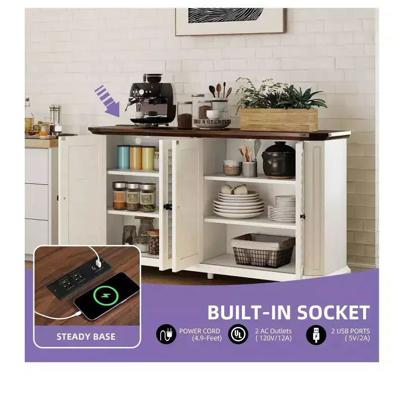 Mobile porta TV da fattoria per TV da 60 pollici, mobile per l'intrattenimento con ripiani regolabili e prese di corrente, credenza a buffet per il soggiorno