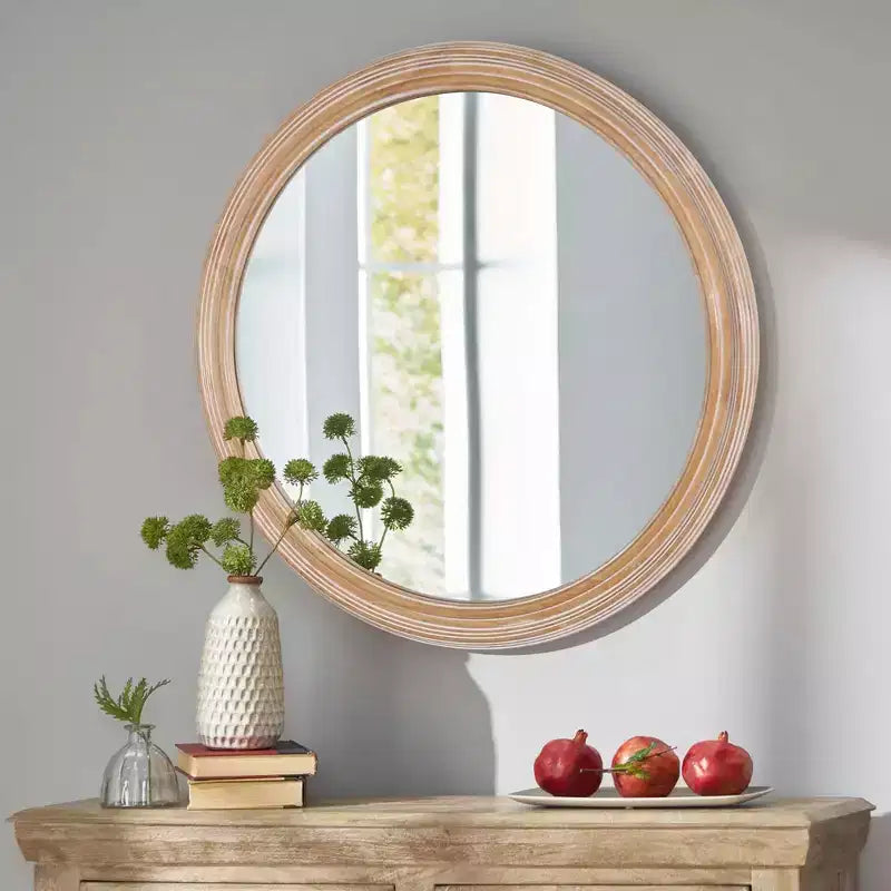TUYOHW Specchio da parete decorativo in legno stile rustico con bordo sbiancato, specchio circolare da vanità per camera da letto, soggiorno
