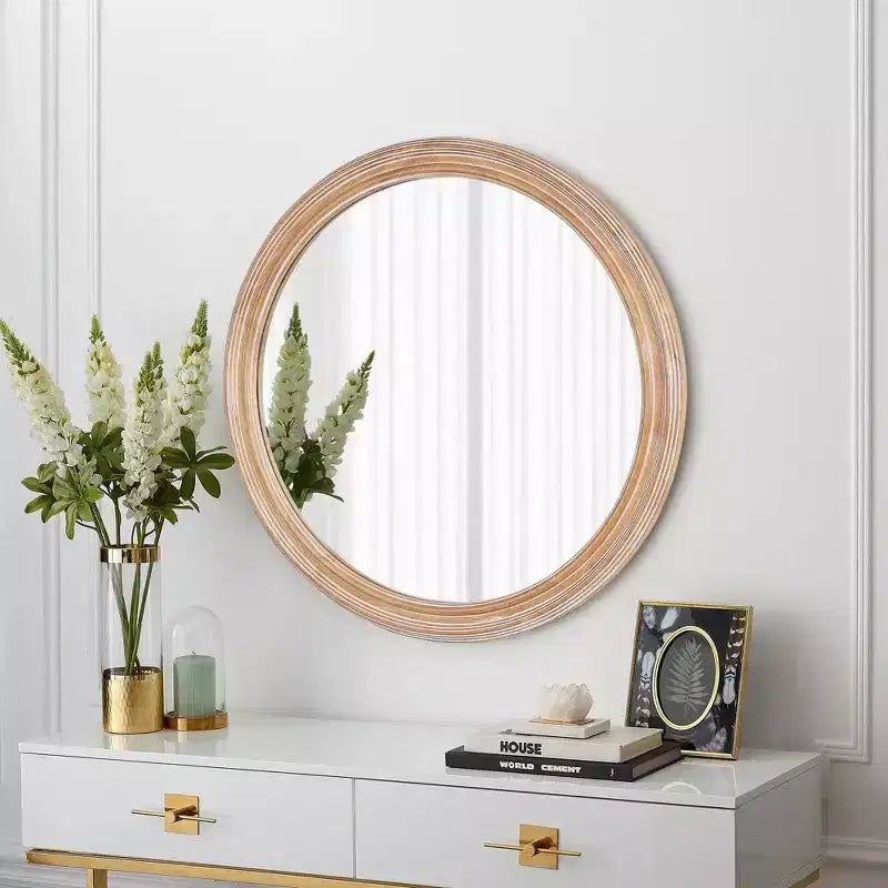 TUYOHW Specchio da parete decorativo in legno stile rustico con bordo sbiancato, specchio circolare da vanità per camera da letto, soggiorno
