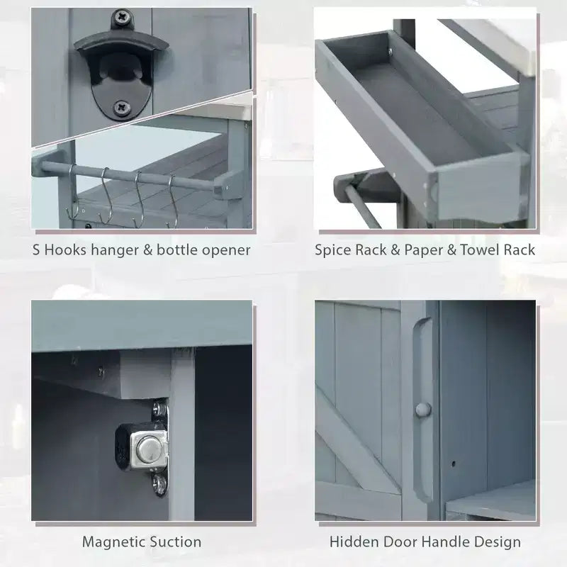 TUYOHW Isola da Cucina per Esterni con Piano in Acciaio Inossidabile, Tavolo per Preparazione Griglia Mobile con Portaspezie, Porta-asciugamani, Mobiletto Contenitore per Cucina e BBQ