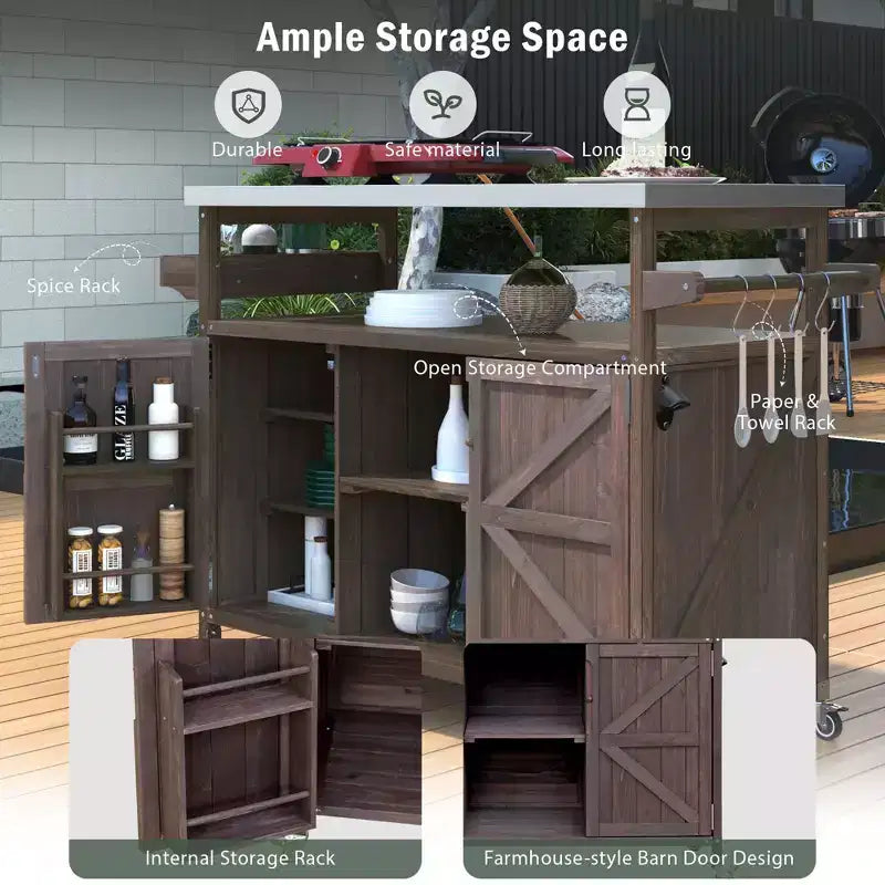 TUYOHW Isola da Cucina per Esterni con Piano in Acciaio Inossidabile, Tavolo per Preparazione Griglia Mobile con Portaspezie, Porta-asciugamani, Mobiletto Contenitore per Cucina e BBQ