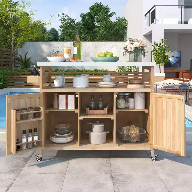 TUYOHW Isola da Cucina per Esterni con Piano in Acciaio Inossidabile, Tavolo per Preparazione Griglia Mobile con Portaspezie, Porta-asciugamani, Mobiletto Contenitore per Cucina e BBQ
