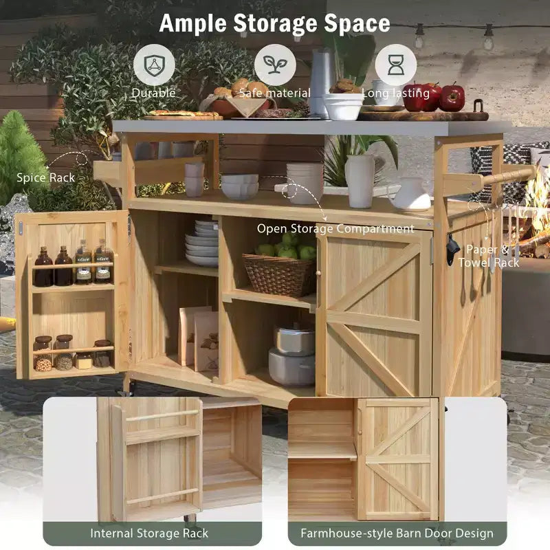 TUYOHW Isola da Cucina per Esterni con Piano in Acciaio Inossidabile, Tavolo per Preparazione Griglia Mobile con Portaspezie, Porta-asciugamani, Mobiletto Contenitore per Cucina e BBQ