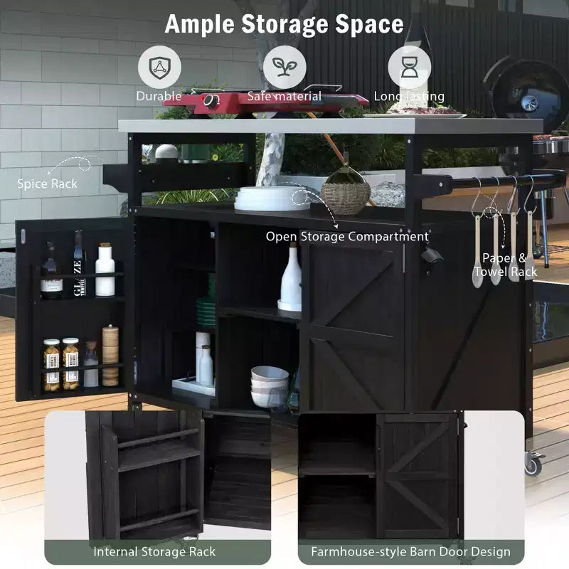 TUYOHW Isola da Cucina per Esterni con Piano in Acciaio Inossidabile, Tavolo per Preparazione Griglia Mobile con Portaspezie, Porta-asciugamani, Mobiletto Contenitore per Cucina e BBQ