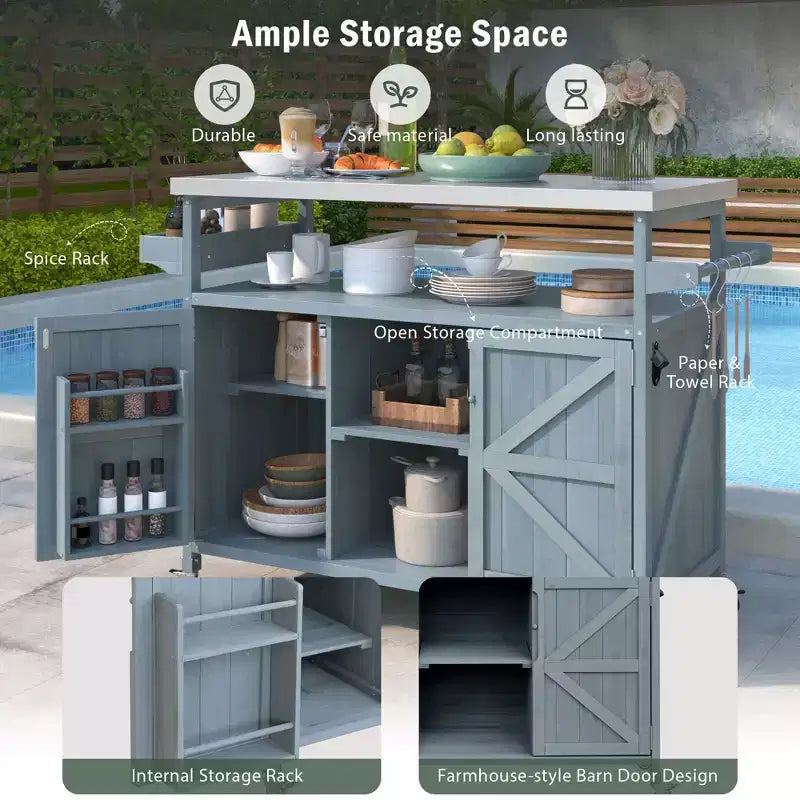 TUYOHW Isola da Cucina per Esterni con Piano in Acciaio Inossidabile, Tavolo per Preparazione Griglia Mobile con Portaspezie, Porta-asciugamani, Mobiletto Contenitore per Cucina e BBQ