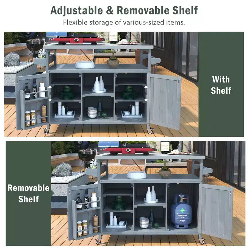 TUYOHW Isola da Cucina per Esterni con Piano in Acciaio Inossidabile, Tavolo per Preparazione Griglia Mobile con Portaspezie, Porta-asciugamani, Mobiletto Contenitore per Cucina e BBQ