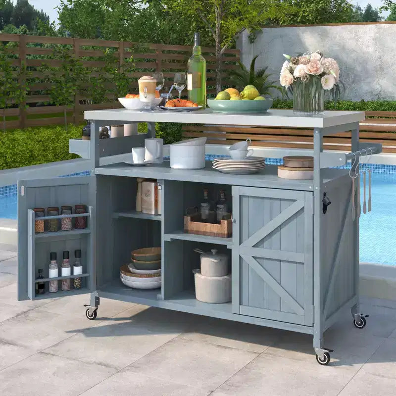 TUYOHW Isola da Cucina per Esterni con Piano in Acciaio Inossidabile, Tavolo per Preparazione Griglia Mobile con Portaspezie, Porta-asciugamani, Mobiletto Contenitore per Cucina e BBQ