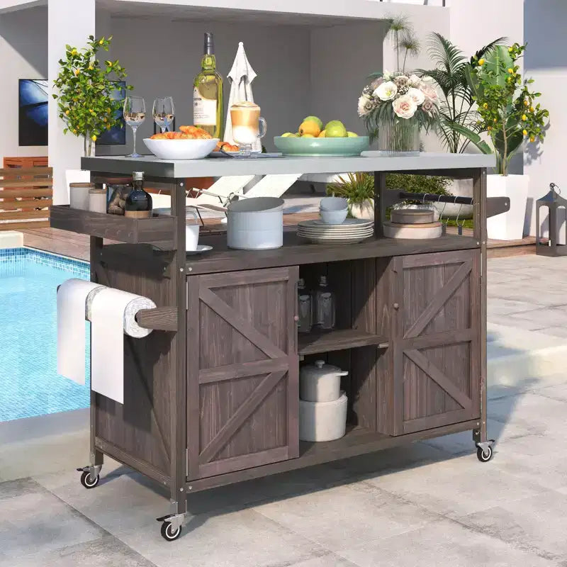TUYOHW Isola da Cucina per Esterni con Piano in Acciaio Inossidabile, Tavolo per Preparazione Griglia Mobile con Portaspezie, Porta-asciugamani, Mobiletto Contenitore per Cucina e BBQ
