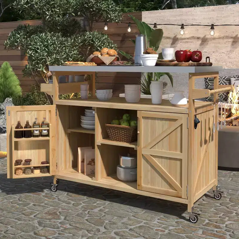 TUYOHW Isola da Cucina per Esterni con Piano in Acciaio Inossidabile, Tavolo per Preparazione Griglia Mobile con Portaspezie, Porta-asciugamani, Mobiletto Contenitore per Cucina e BBQ