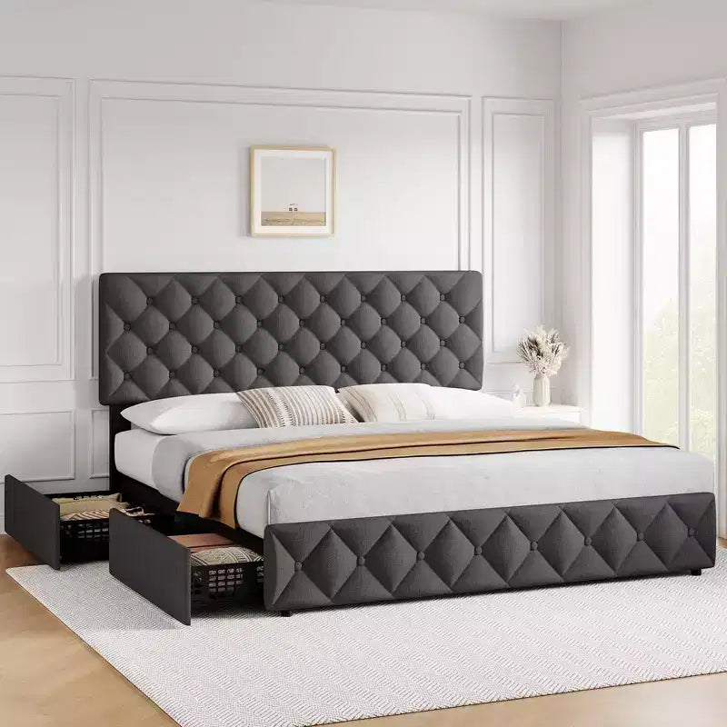 Letto matrimoniale king size con piattaforma imbottita grigia e 4 cassetti contenitore, testiera trapuntata regolabile, supporto a doghe in legno, non è richiesta la rete