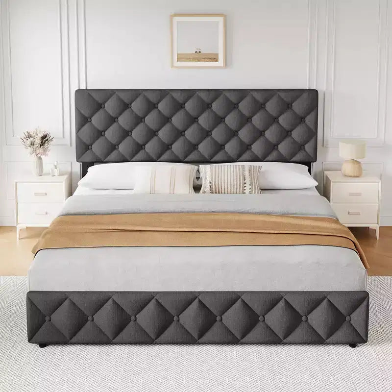 Letto matrimoniale king size con piattaforma imbottita grigia e 4 cassetti contenitore, testiera trapuntata regolabile, supporto a doghe in legno, non è richiesta la rete
